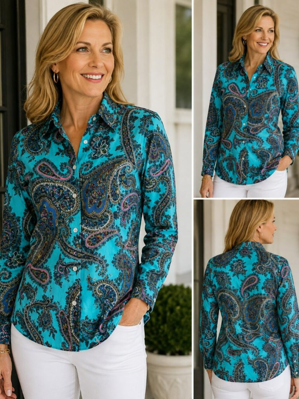 Talbots Petite Paisley Button Down Shirt SP Turquoise NWOT